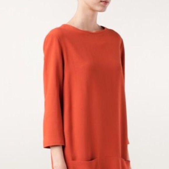 DKNY | Tunic Top Patch Pockets Cotton Stretch Poplin Crewneck Blouse Orange - 10 - Picture 2 of 11